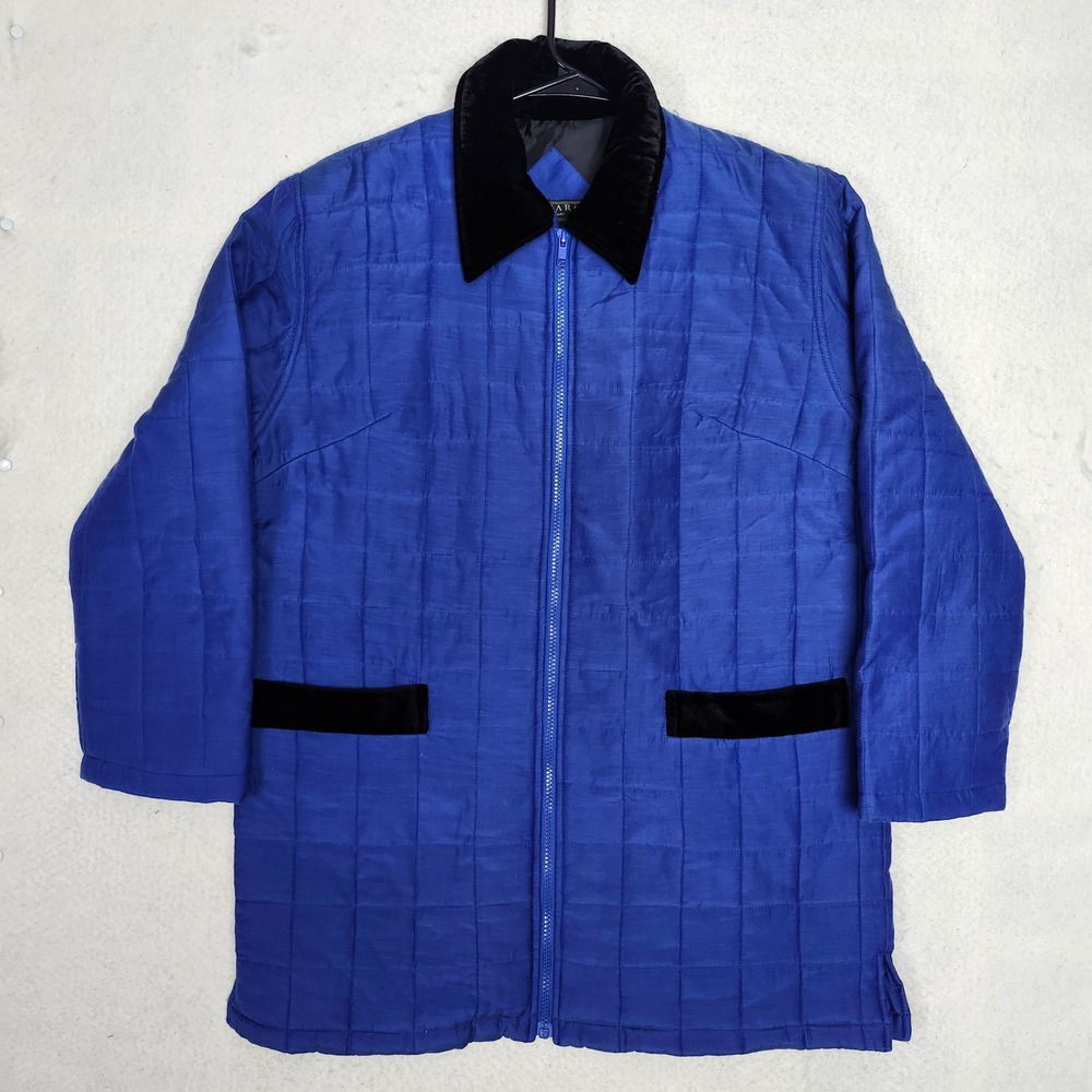 Vintage 100% Silk Quilted Barn Jacket Royal Blue Velvet Collar 90s Bogari Small - Picture 10 of 10